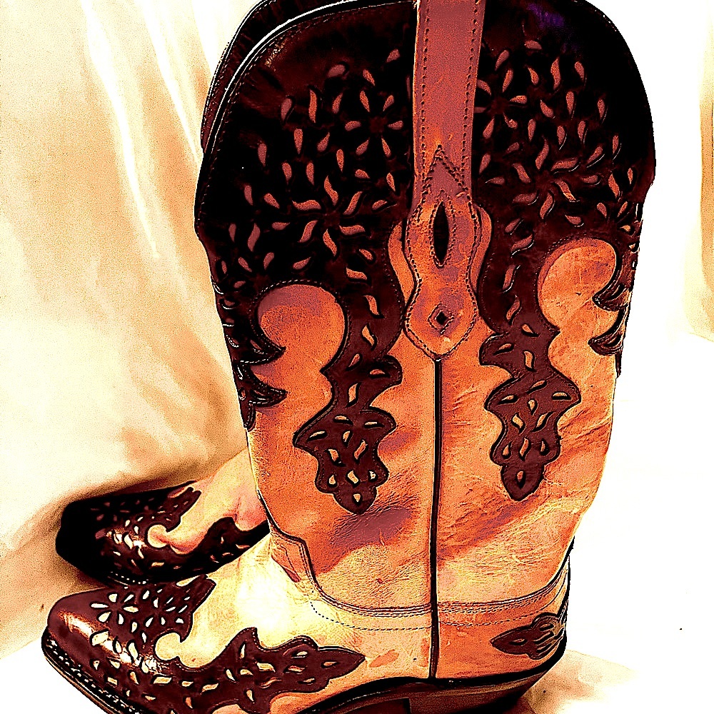 ENC Old West 7&1/2 cut out dark brown on light tan cowboy snip toe boots!